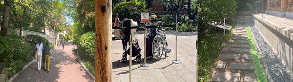 ▲ 관객이 휠체어를 끌고 관저로 올라가는 모습. 관저 입구의 휠체어와 뒷길(왼쪽부터)