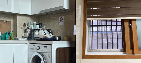 ▲김세훈씨 집 부엌 모습(왼쪽). 김민주씨 집 창문을 열자 바로 벽이 보인다.